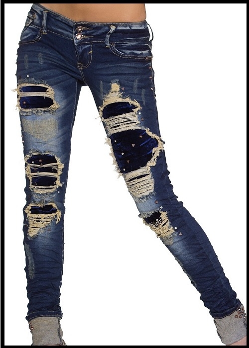 Mørkeblå jeans med velour stof pynt